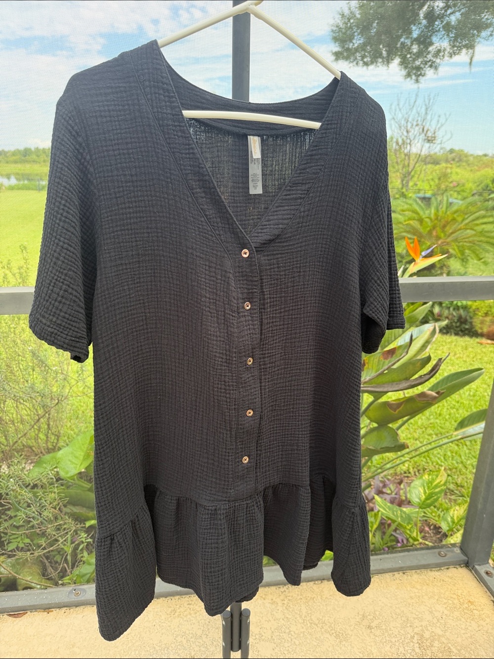 Raisins cotton Black crinkled Textured Button-Front Mini Dress